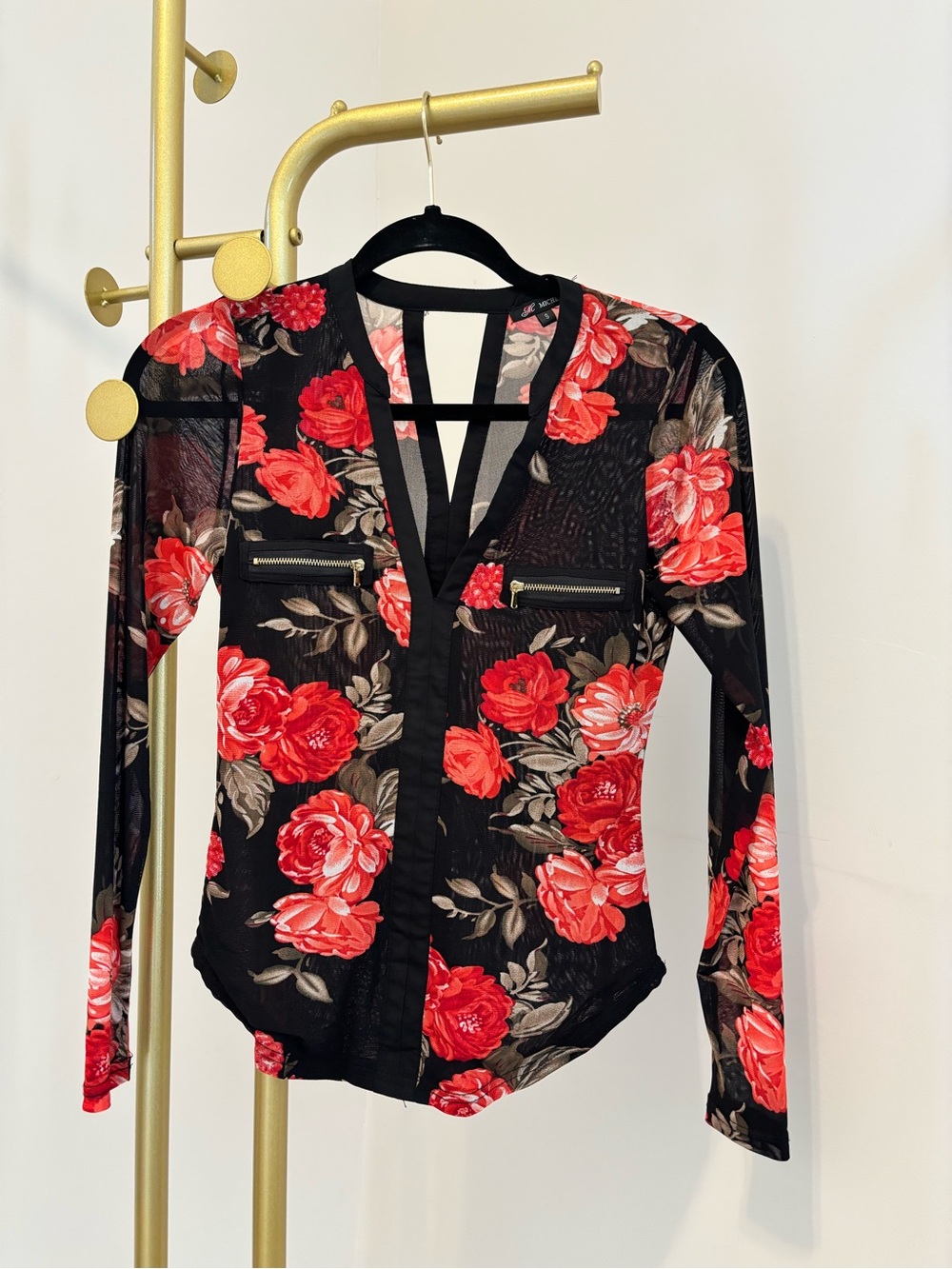 Floral V-Neck Mesh Blouse - Black with Red Rose Print